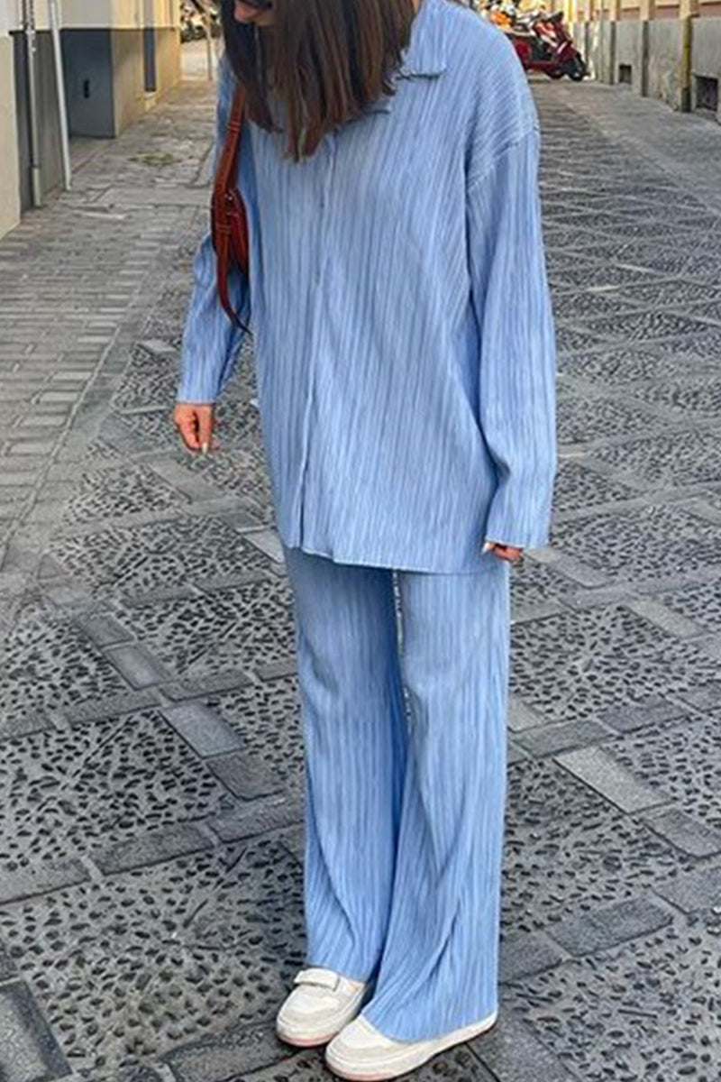 Casual Solid Buttons Fold Turndown Collar Long Sleeve Two Pieces - Fashionpara