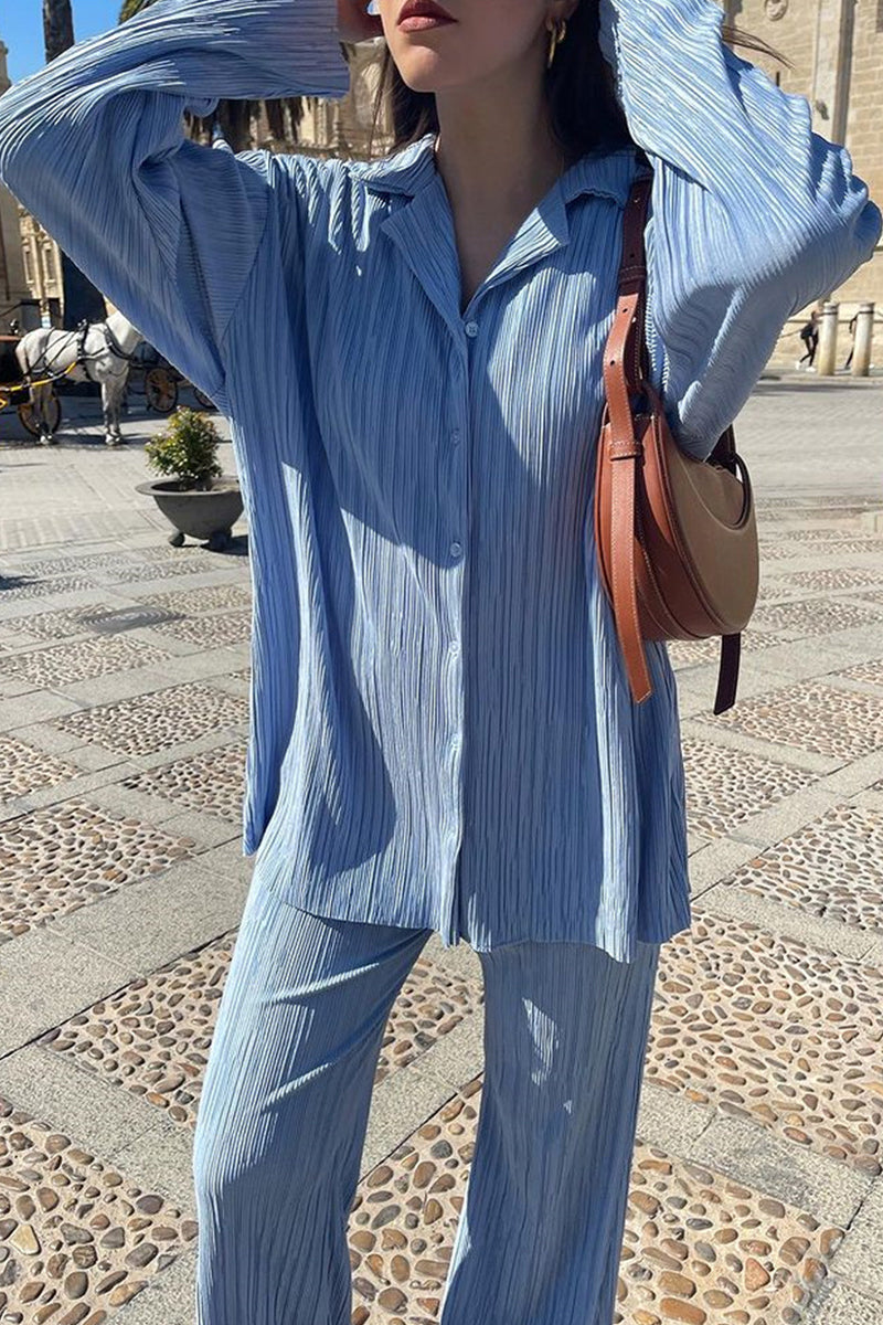 Casual Solid Buttons Fold Turndown Collar Long Sleeve Two Pieces - Fashionpara