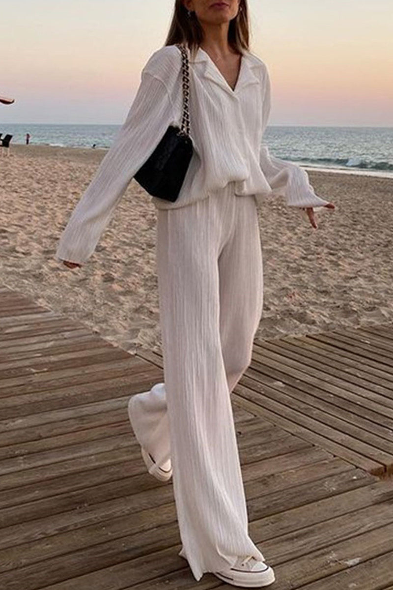 Casual Solid Buttons Fold Turndown Collar Long Sleeve Two Pieces - Fashionpara