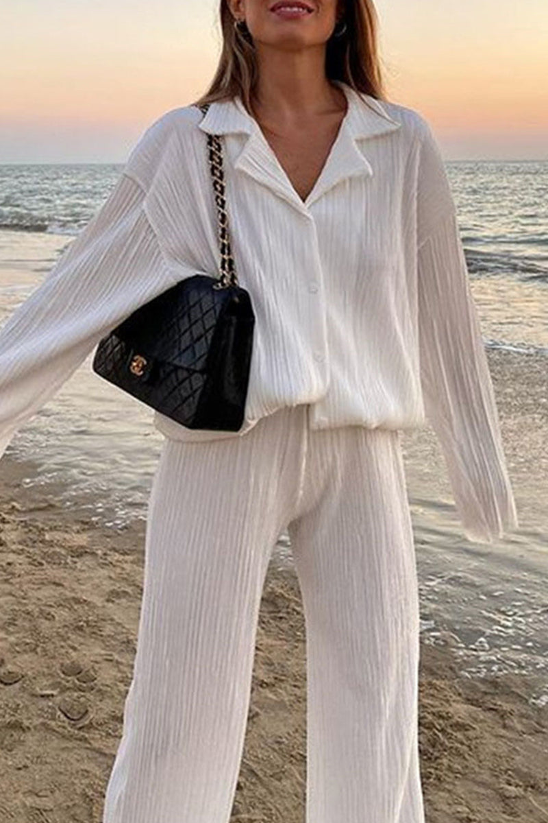 Casual Solid Buttons Fold Turndown Collar Long Sleeve Two Pieces - Fashionpara