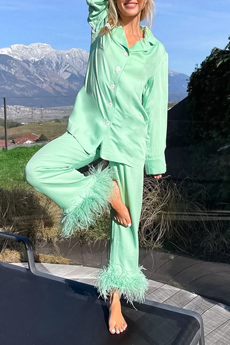 Casual Solid Feathers Turndown Collar Long Sleeve Two Pieces - Fashionpara