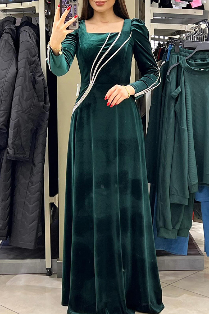 Elegant Solid Patchwork Hot Drill Square Collar Princess Dresses - Fashionpara