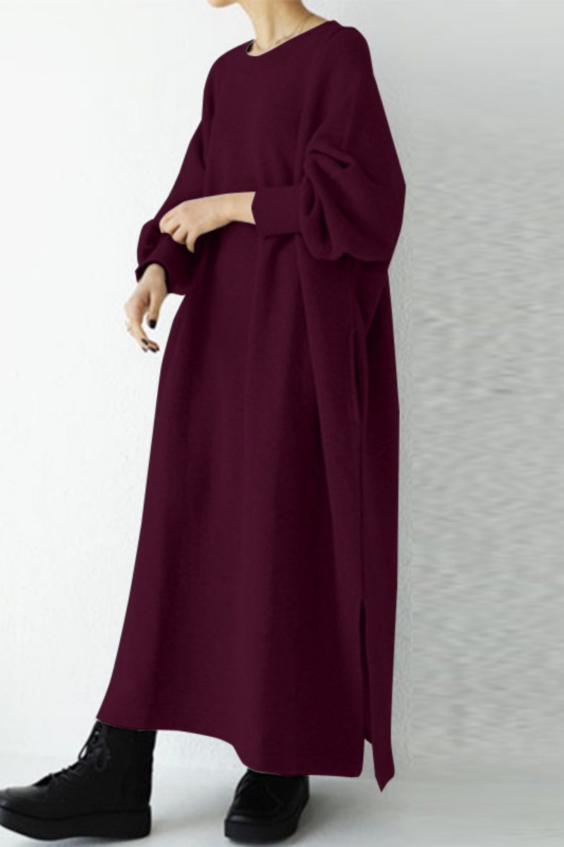 Casual Solid Slit O Neck Long Dress Dresses - Fashionpara