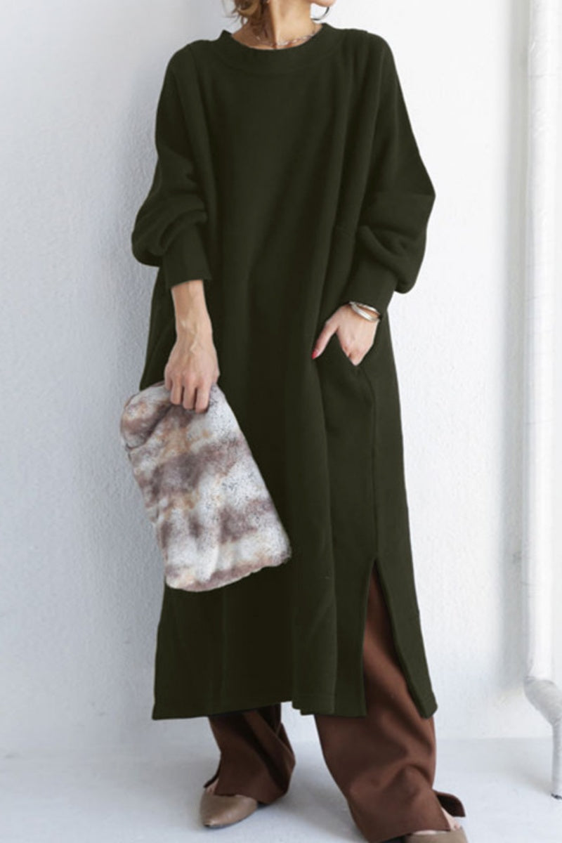 Casual Solid Slit O Neck Long Dress Dresses - Fashionpara