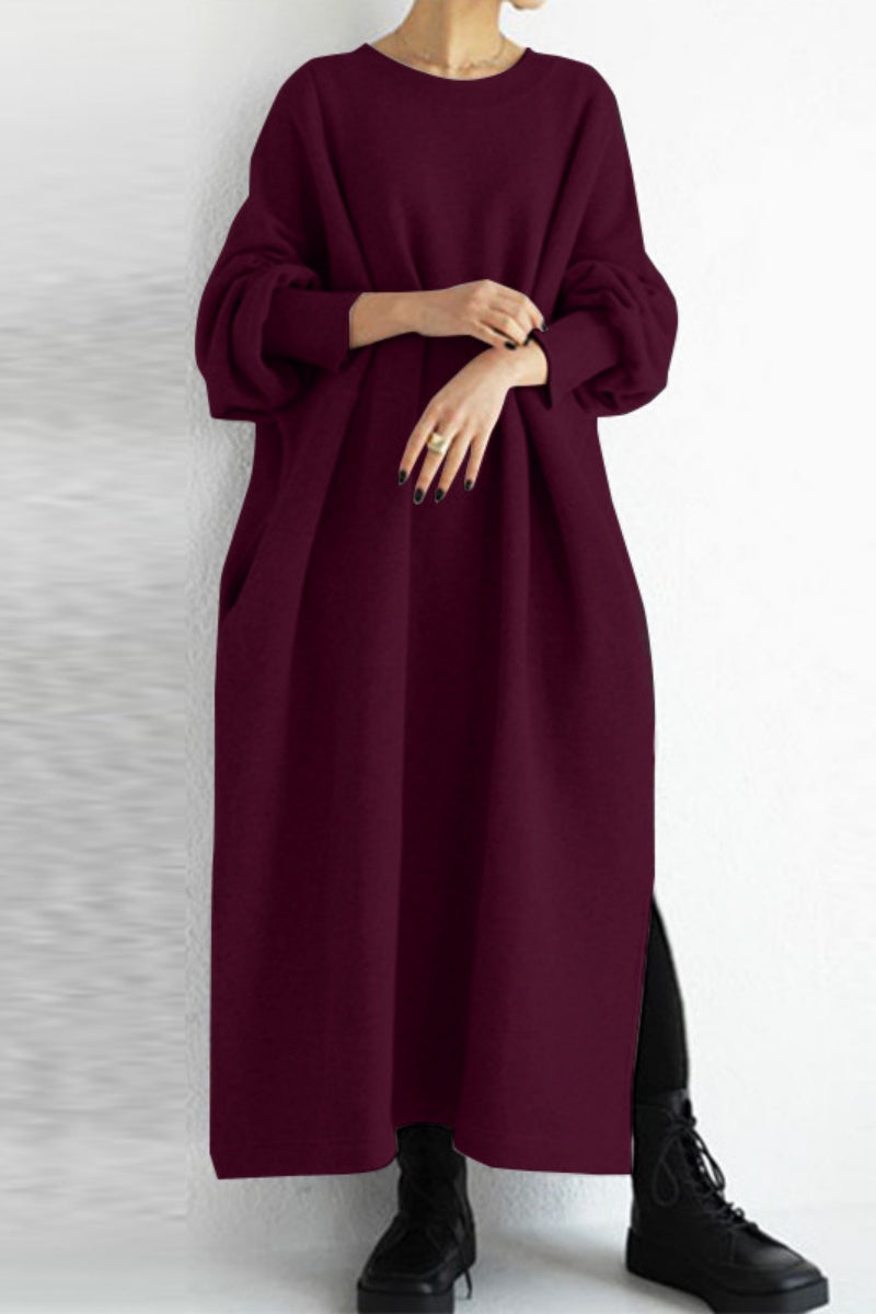 Casual Solid Slit O Neck Long Dress Dresses - Fashionpara