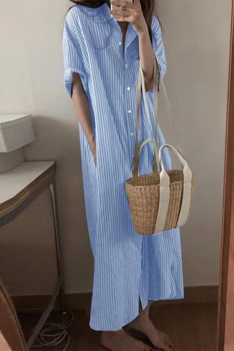 Casual Striped Pocket POLO collar Shirt Dress Dresses - Fashionpara