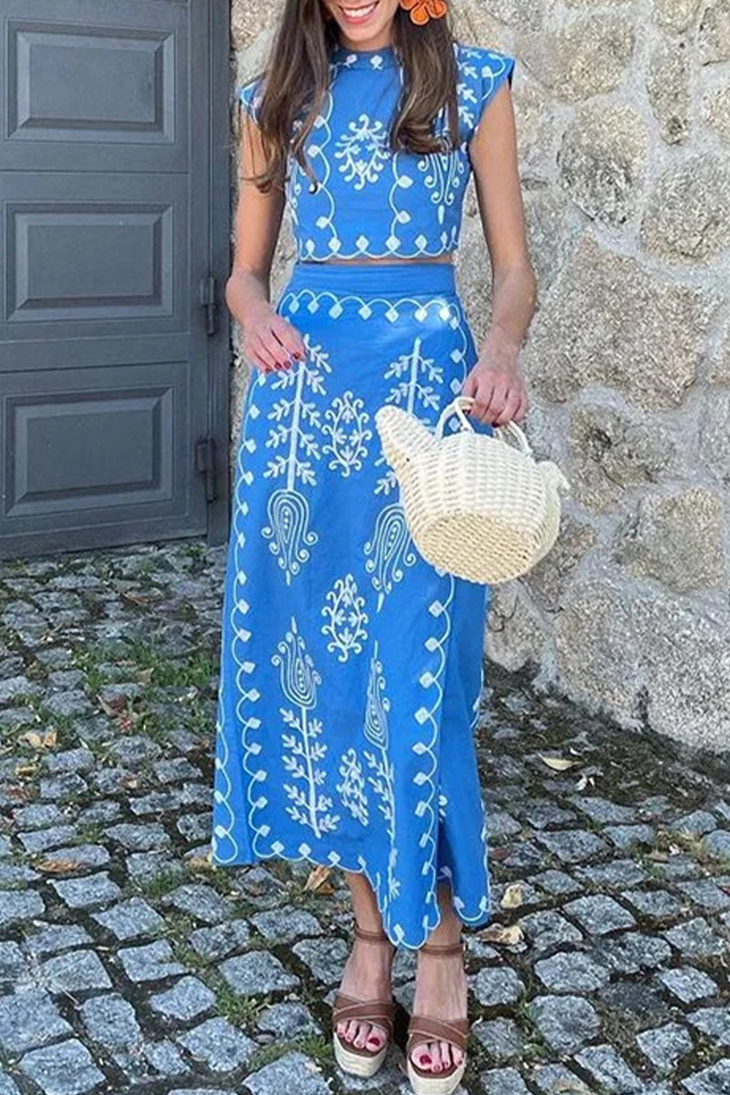 Casual Vacation Geometric Print Bandage Short Sleeve Two Pieces  Fashionpara