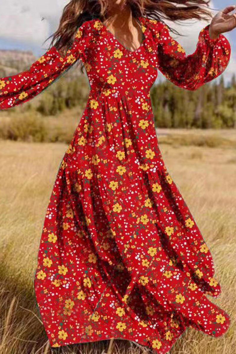 Elegant Floral Patchwork V Neck Printed Dress Dresses  Fashionpara