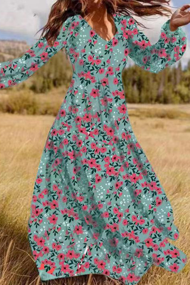 Elegant Floral Patchwork V Neck Printed Dress Dresses  Fashionpara