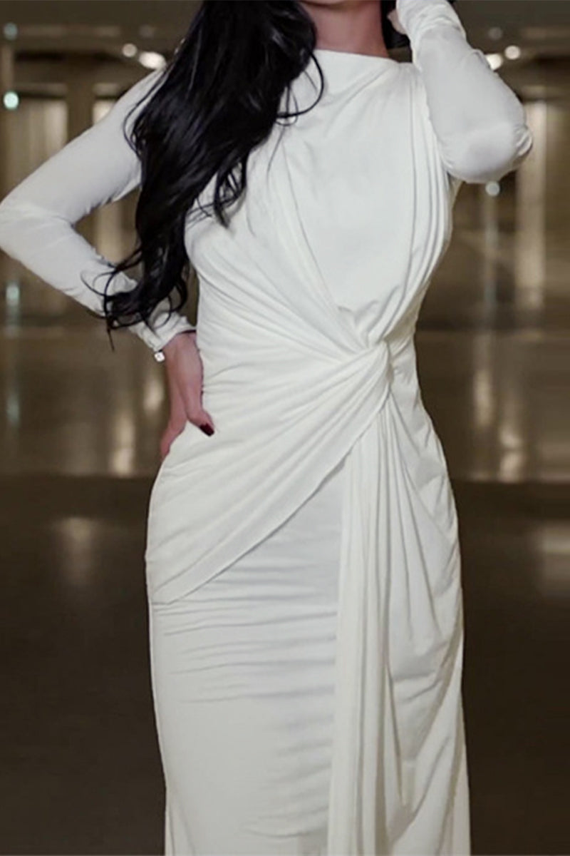 Celebrities Elegant Solid Fold O Neck Evening Dress Dresses - Fashionpara