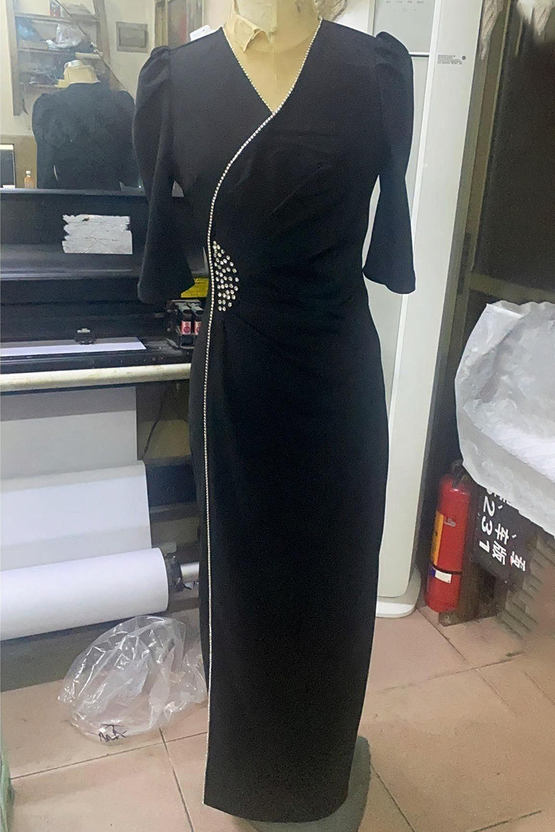 Elegant Formal Solid Hot Drill V Neck Waist Skirt Dresses - Fashionpara