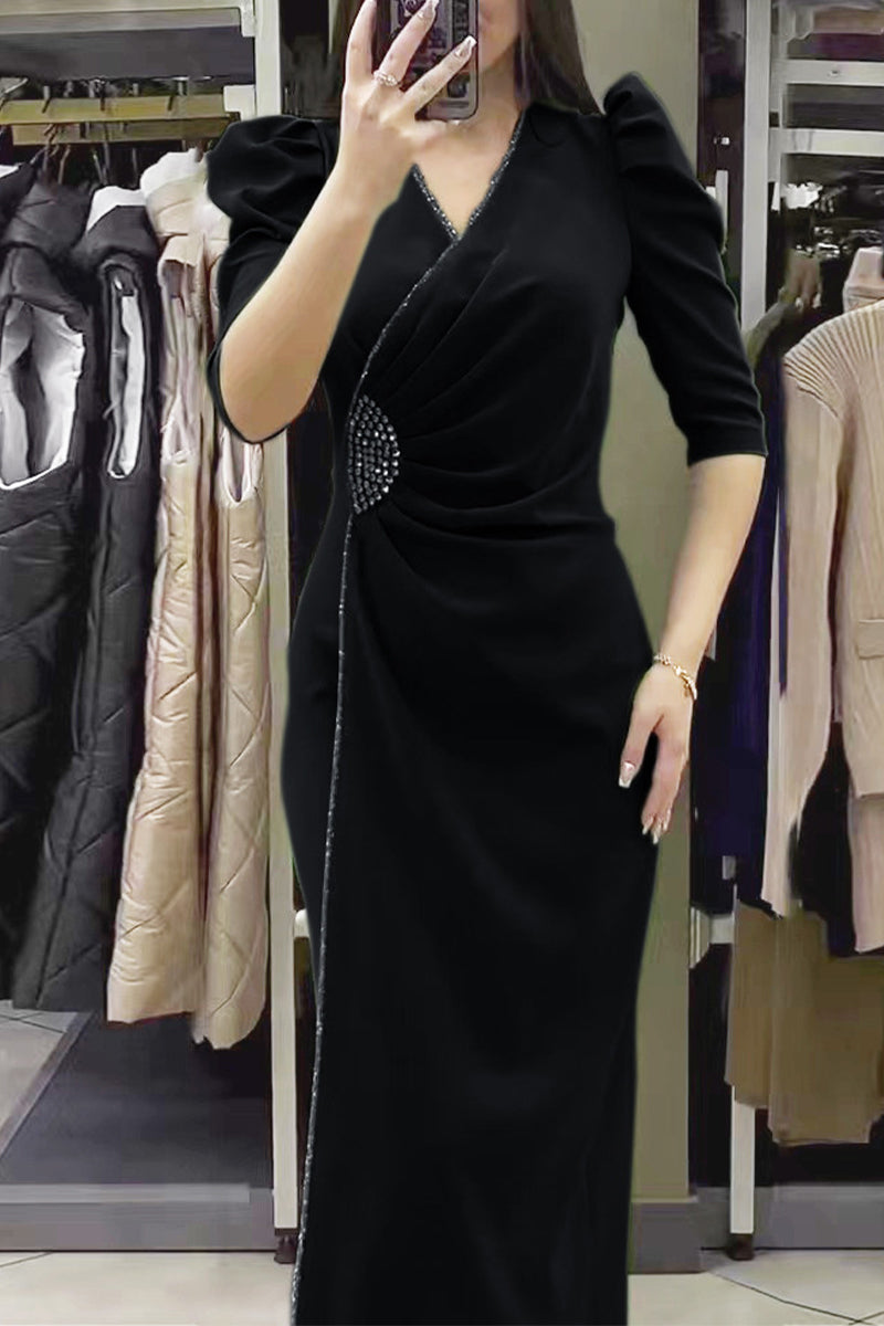 Elegant Formal Solid Hot Drill V Neck Waist Skirt Dresses - Fashionpara