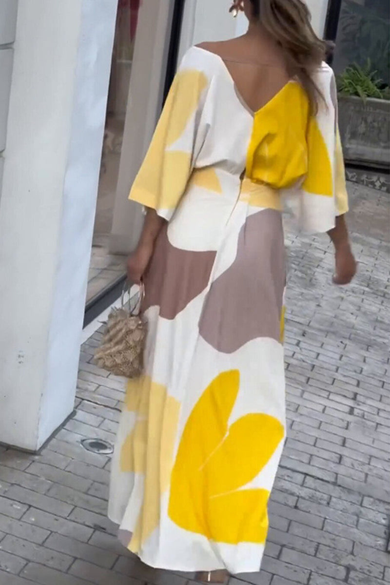 Elegant Print Color Block Contrast V Neck Printed Dress Dresses - Fashionpara