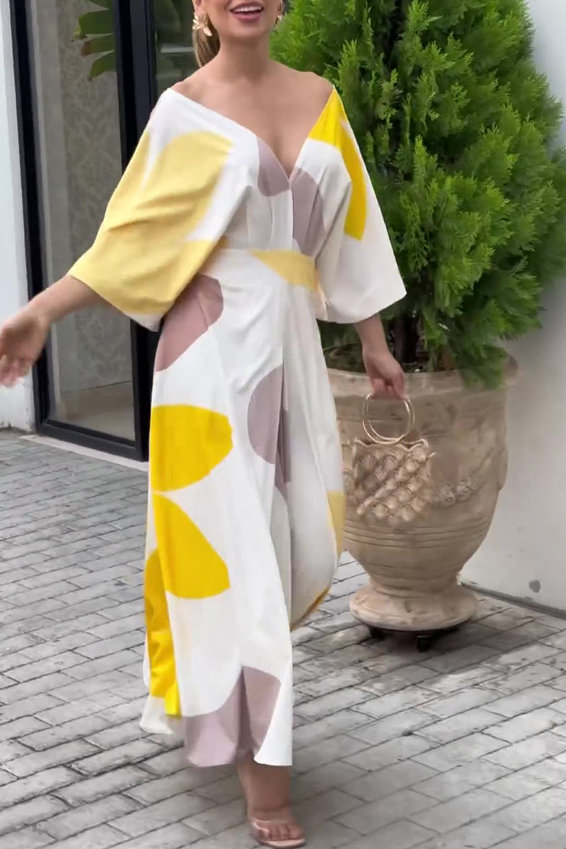 Elegant Print Color Block Contrast V Neck Printed Dress Dresses - Fashionpara