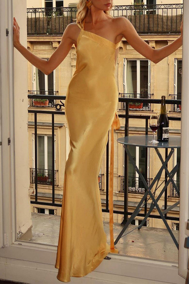 Satin One Shoulder Backless Bias Cut Maxi Dress