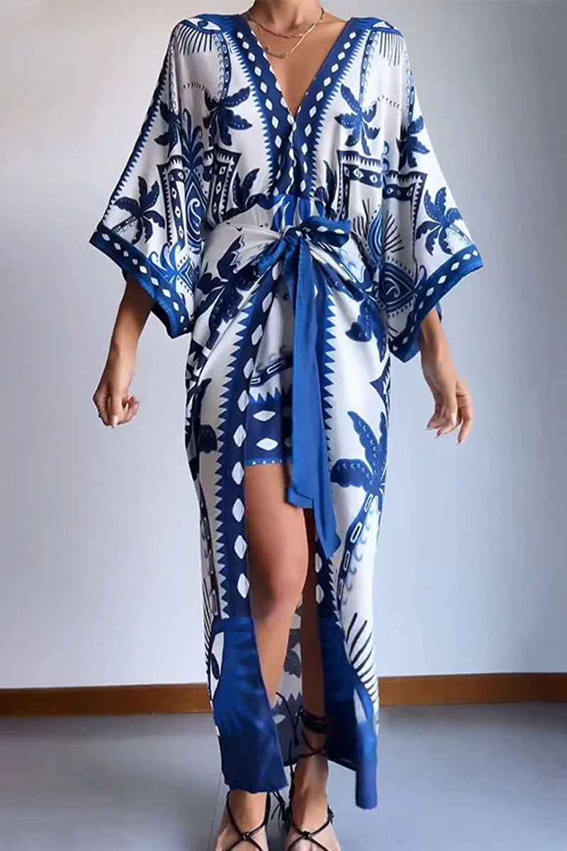 Vacation Floral Frenulum V Neck Printed Dress Dresses - Fashionpara