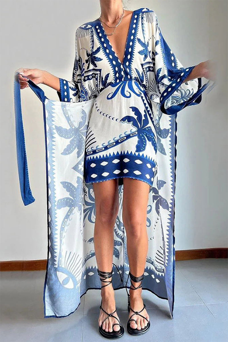 Vacation Floral Frenulum V Neck Printed Dress Dresses - Fashionpara