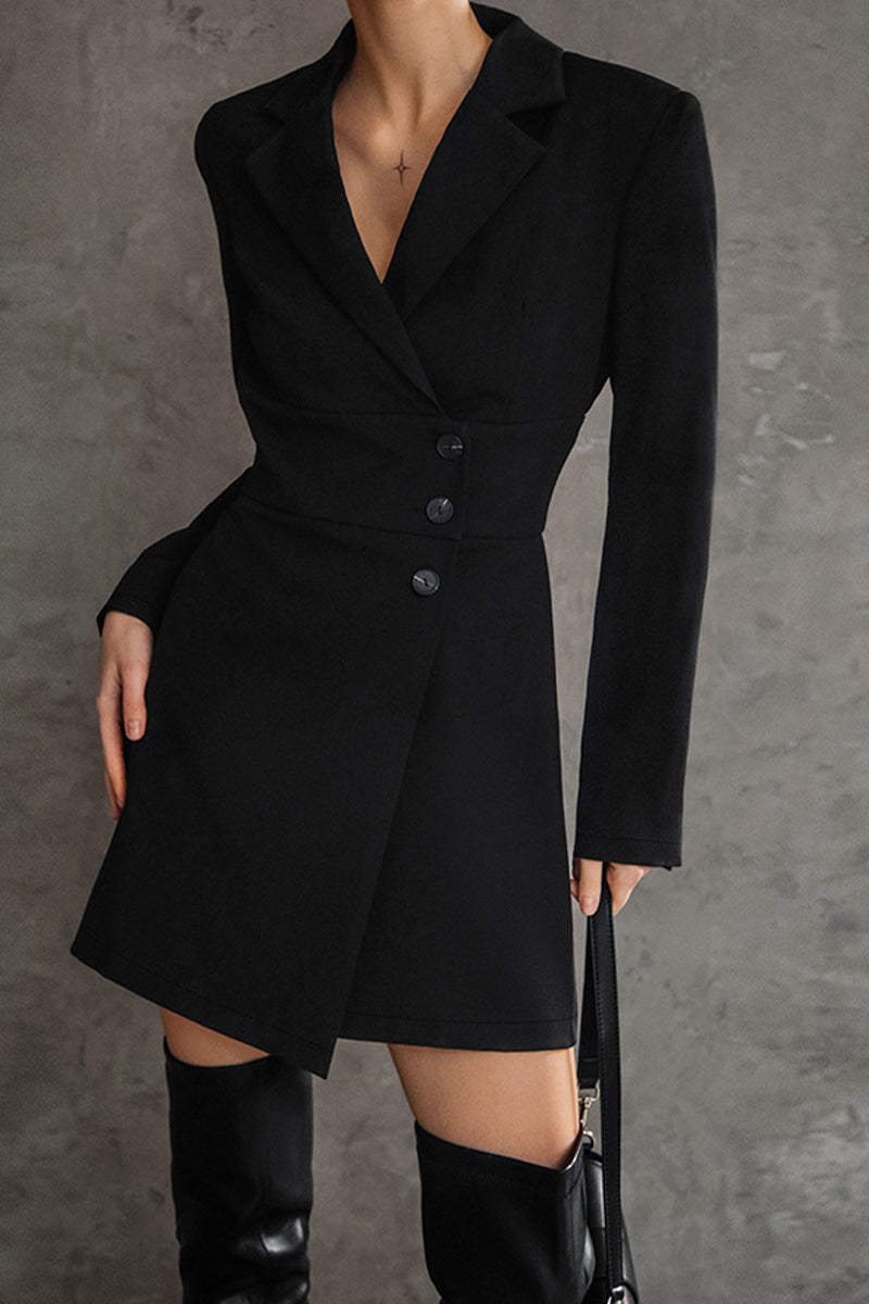 British Style Solid Buttons Turn-back Collar Suit Dress Dresses - Fashionpara