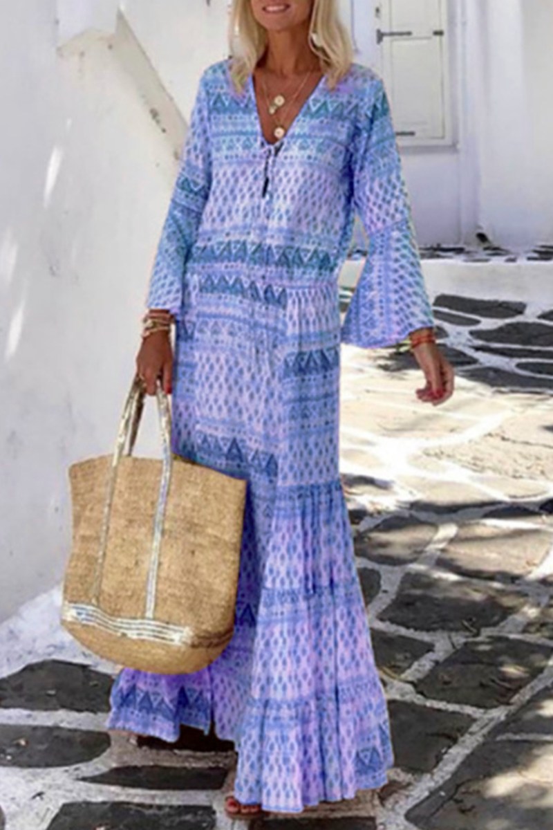 Casual Print Patchwork V Neck Cake Skirt Dresses(5 Colors)  Fashionpara