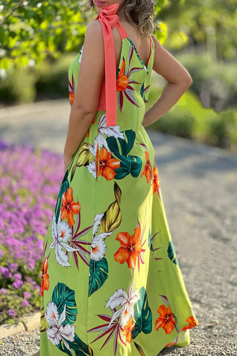 Sexy Vintage Floral With Bow V Neck Printed Dress Dresses  Fashionpara