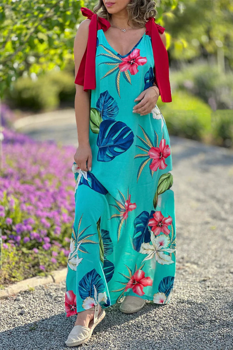 Sexy Vintage Floral With Bow V Neck Printed Dress Dresses  Fashionpara