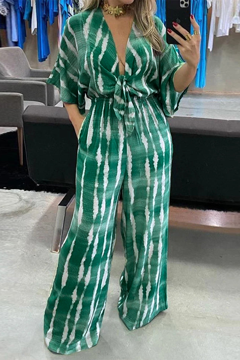 Casual Striped Print Frenulum V Neck Loose Jumpsuits  Fashionpara