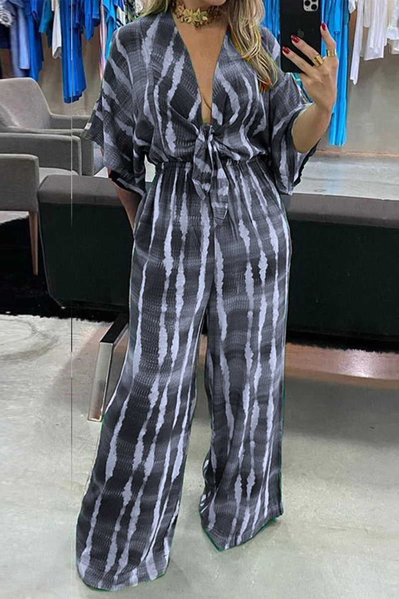 Casual Striped Print Frenulum V Neck Loose Jumpsuits  Fashionpara