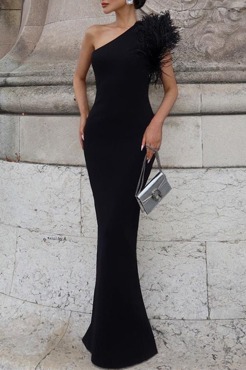 Elegant Formal Solid Feathers Oblique Collar Evening Dress Dresses - Fashionpara
