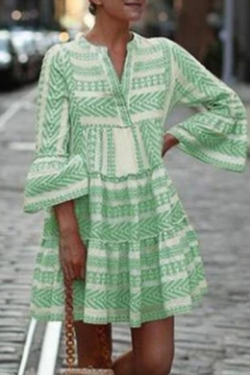 Casual Geometric Print Patchwork V Neck Evening Dress Dresses - Fashionpara