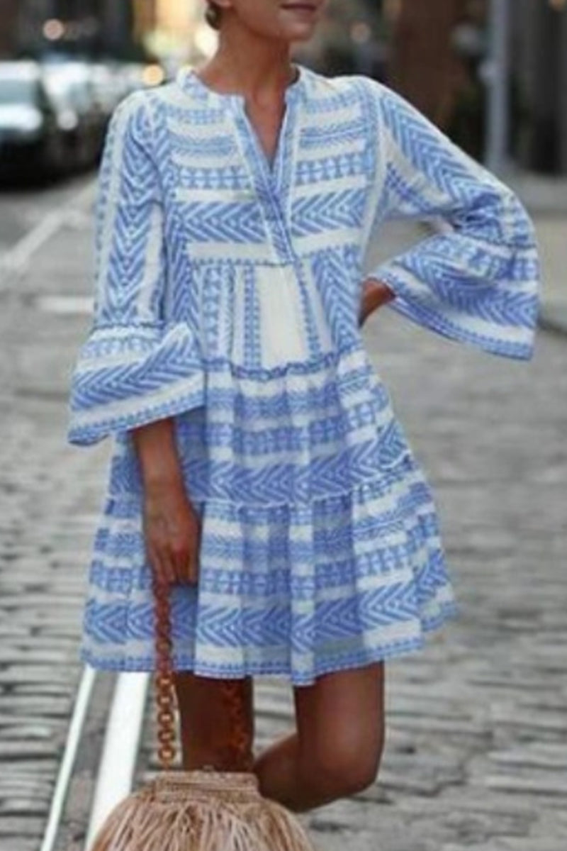 Casual Geometric Print Patchwork V Neck Evening Dress Dresses - Fashionpara