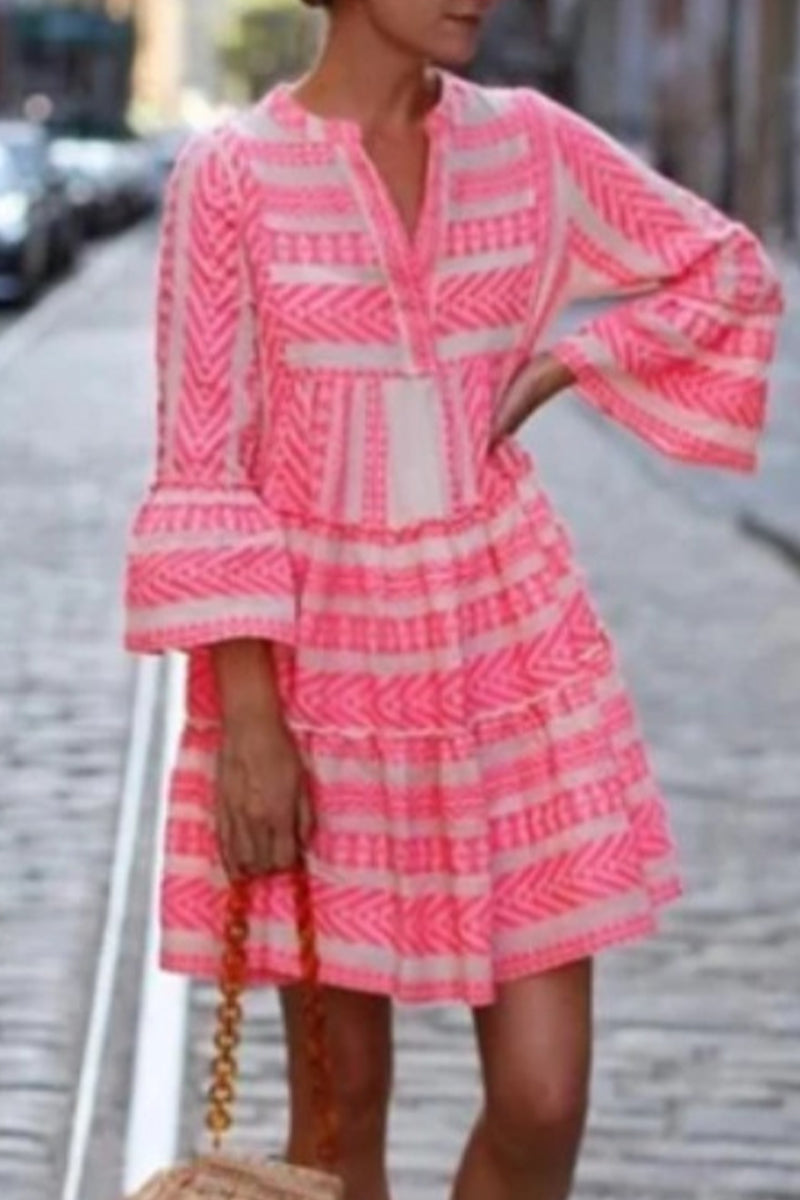 Casual Geometric Print Patchwork V Neck Evening Dress Dresses - Fashionpara