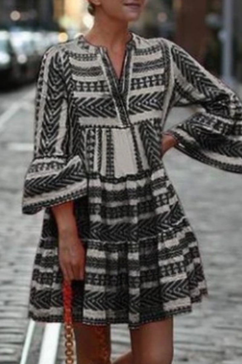 Casual Geometric Print Patchwork V Neck Evening Dress Dresses - Fashionpara