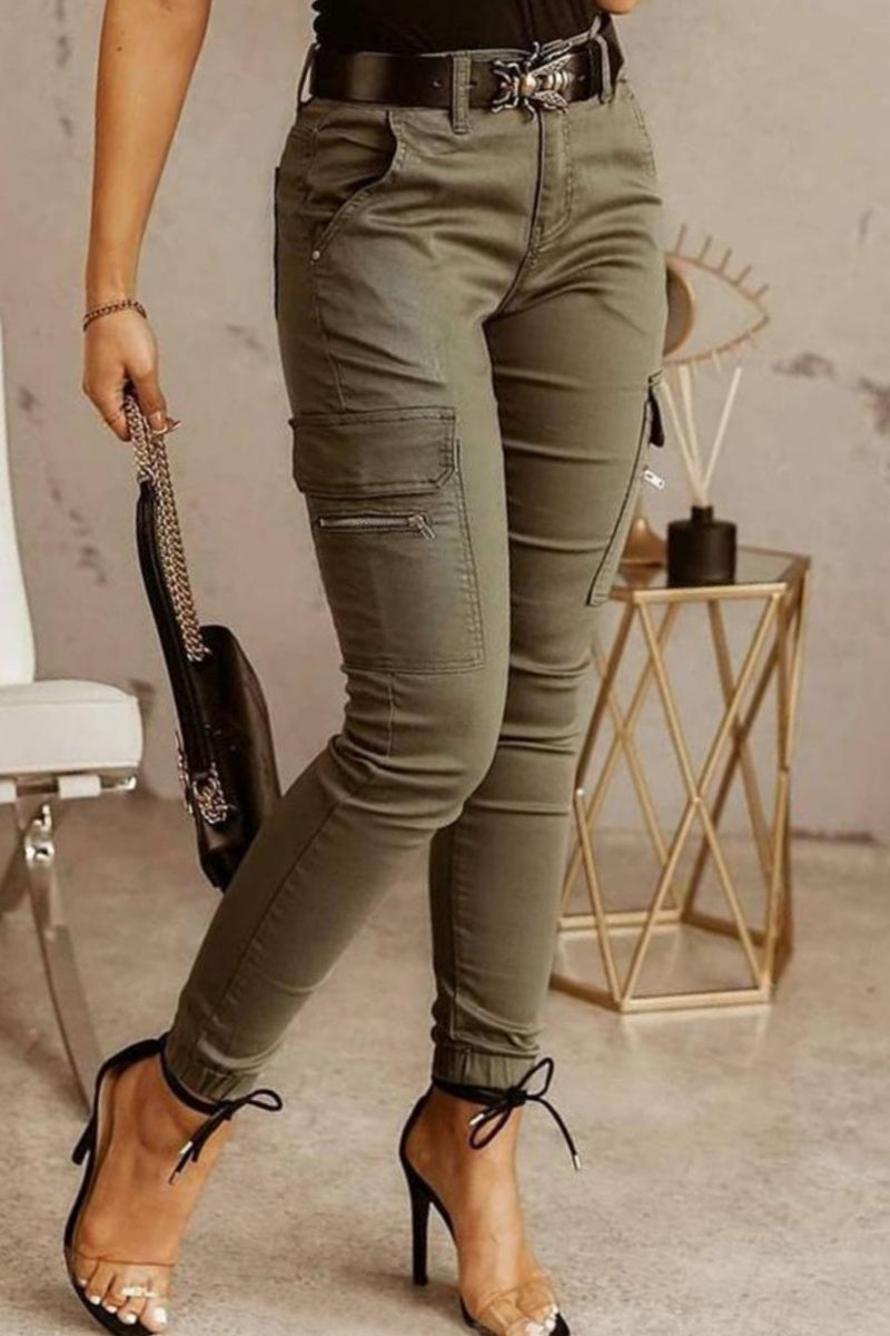 Casual Solid Patchwork Skinny Mid Waist Pencil Solid Color Trousers - Fashionpara