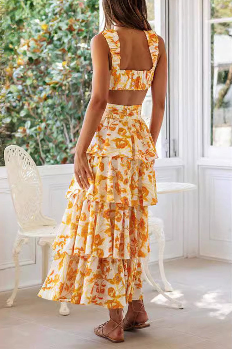 Sexy Vacation Floral Backless Flounce Strapless Sleeveless Two Pieces - Fashionpara
