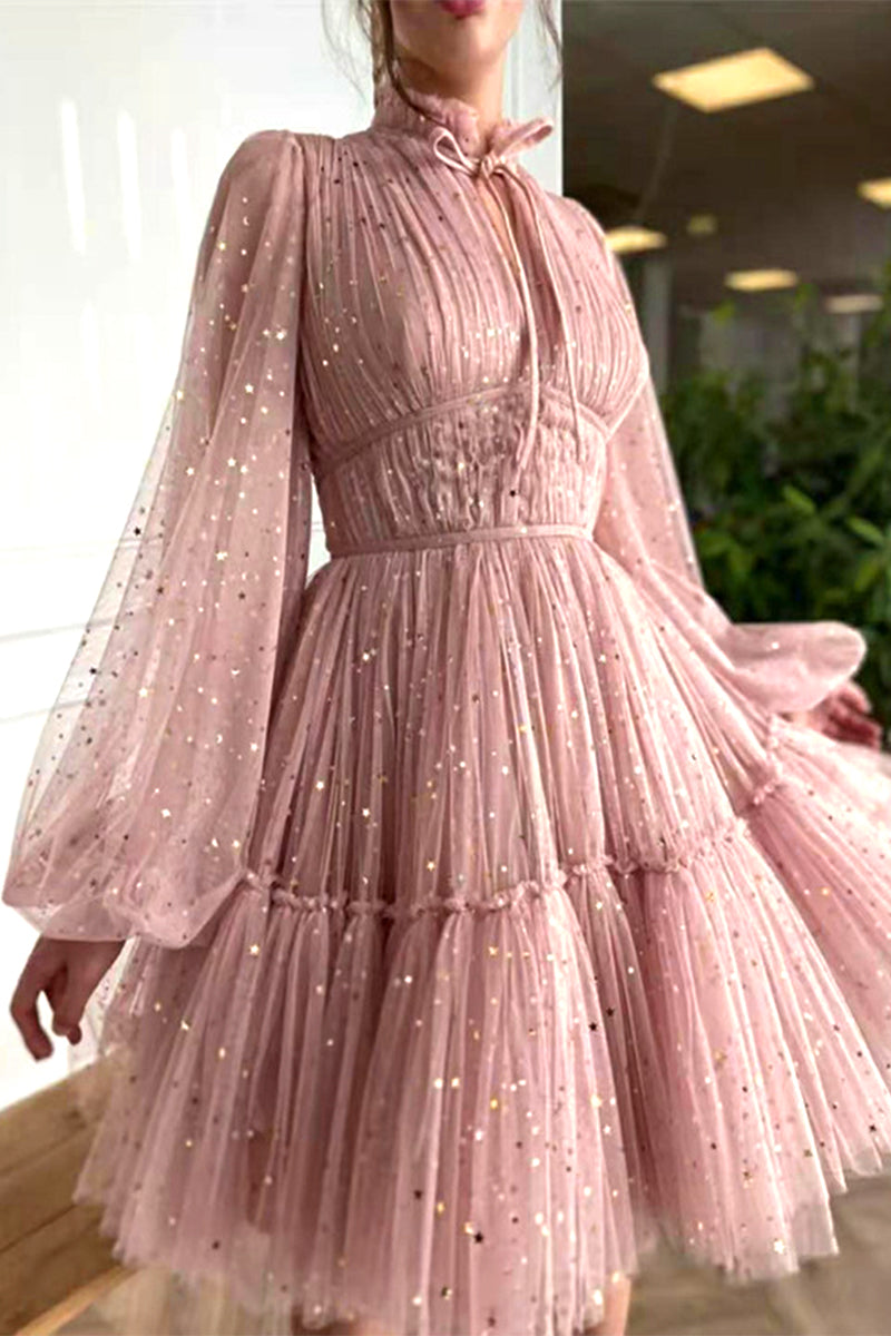 Sweet Elegant Solid Sequined Mesh Mandarin Collar Evening Dress Dresses - Fashionpara