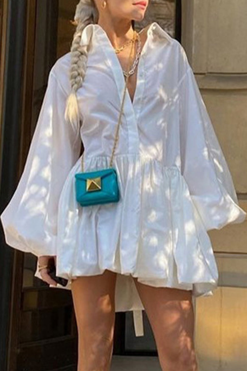 Elegant Solid Buttons Turndown Collar Shirt Dress Dresses - Fashionpara