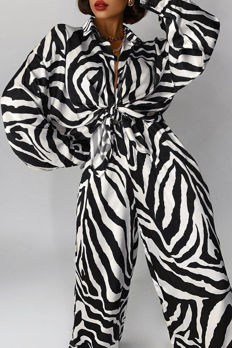 Casual Vintage Print Zebra Print Contrast Turndown Collar Long Sleeve Two Pieces - Fashionpara