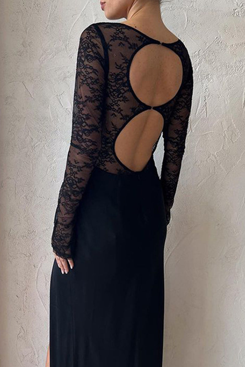 Sexy Solid Lace See-through Slit O Neck One Step Skirt Dresses - Fashionpara