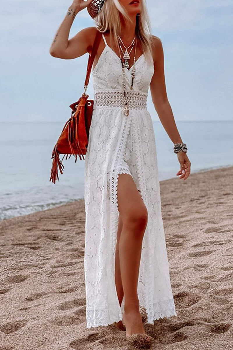 Sexy Vacation Solid Lace V Neck Sling Dress Dresses  Fashionpara