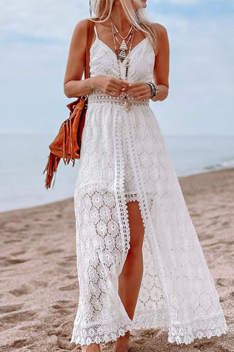 Sexy Vacation Solid Lace V Neck Sling Dress Dresses  Fashionpara