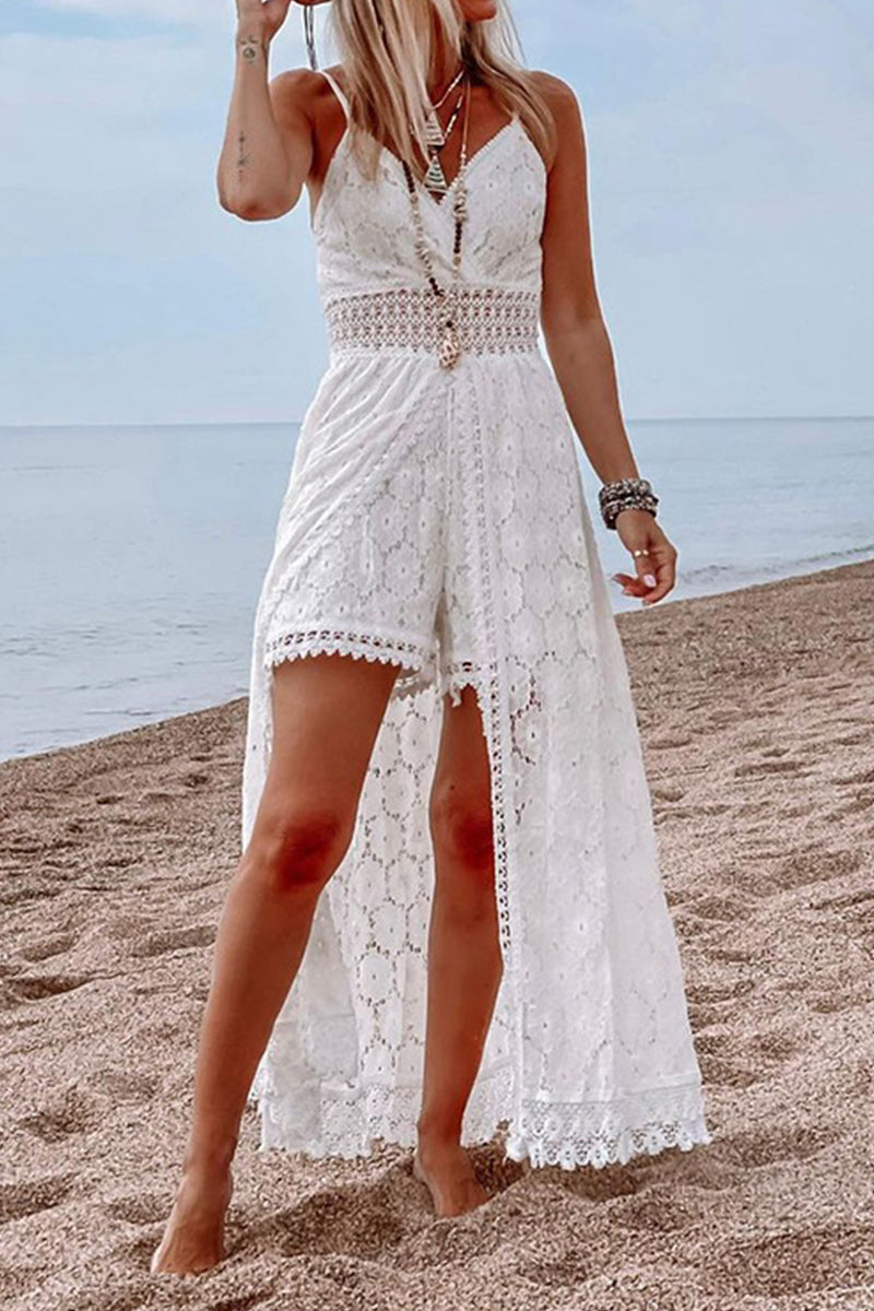 Sexy Vacation Solid Lace V Neck Sling Dress Dresses  Fashionpara