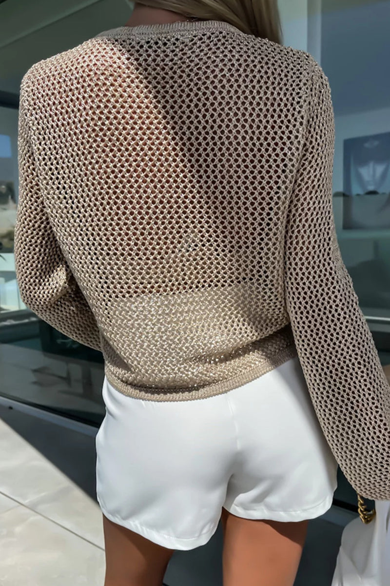 Sexy Vacation Solid Hollowed Out See-through O Neck Tops - Fashionpara