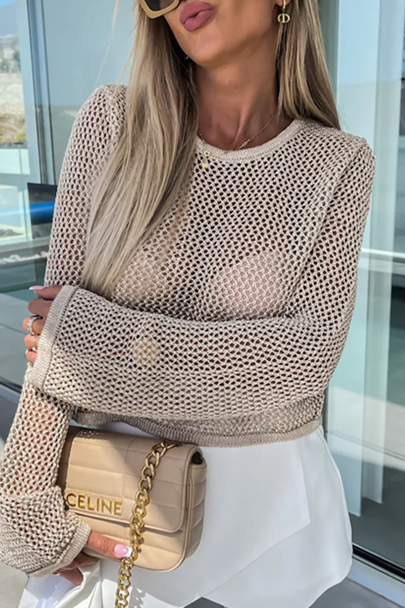 Sexy Vacation Solid Hollowed Out See-through O Neck Tops - Fashionpara