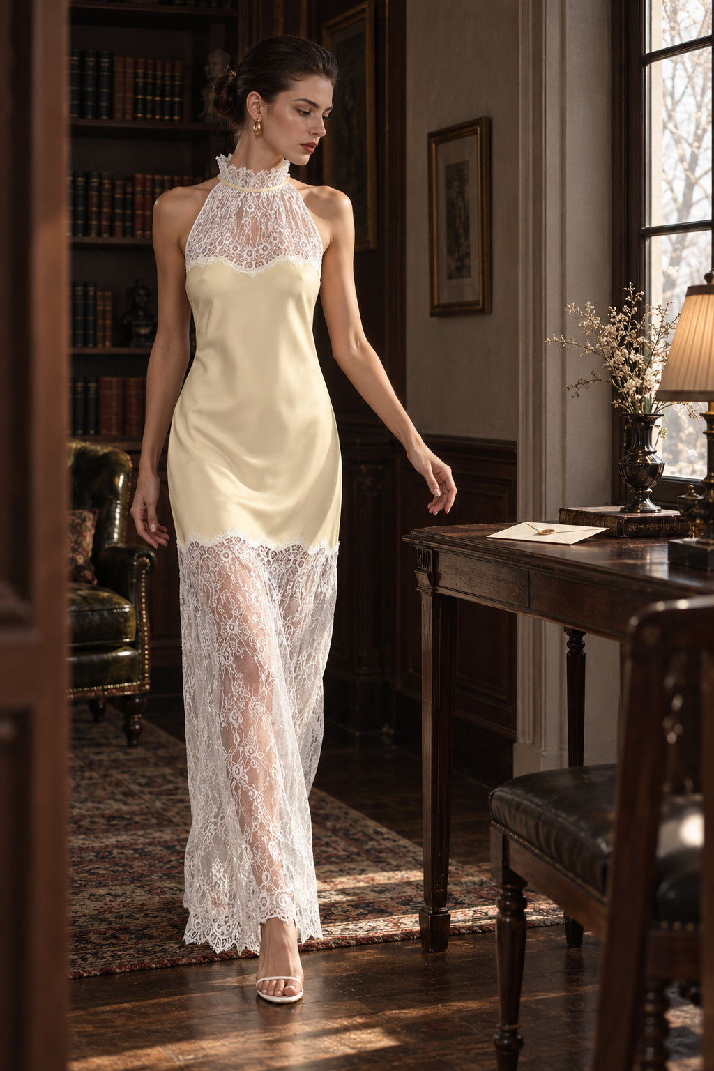 Satin Lace Halter High Neck Sheer Lace-Hem Gown