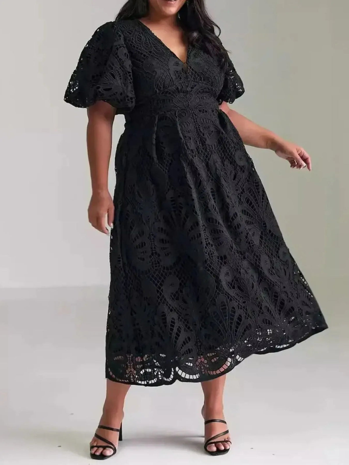 Lace Deep V-Neck Flutter Sleeve Fit and Flare Midi Dress