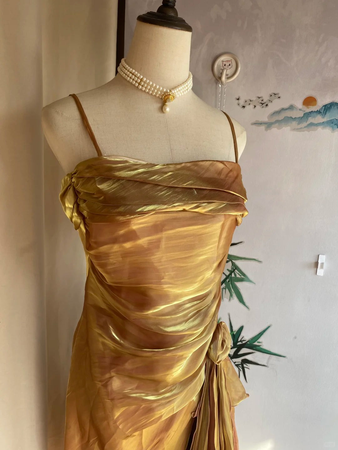 Vintage Gold-Brown Irregular Strap Pleated Satin Prom Dress Evening Dress P4171