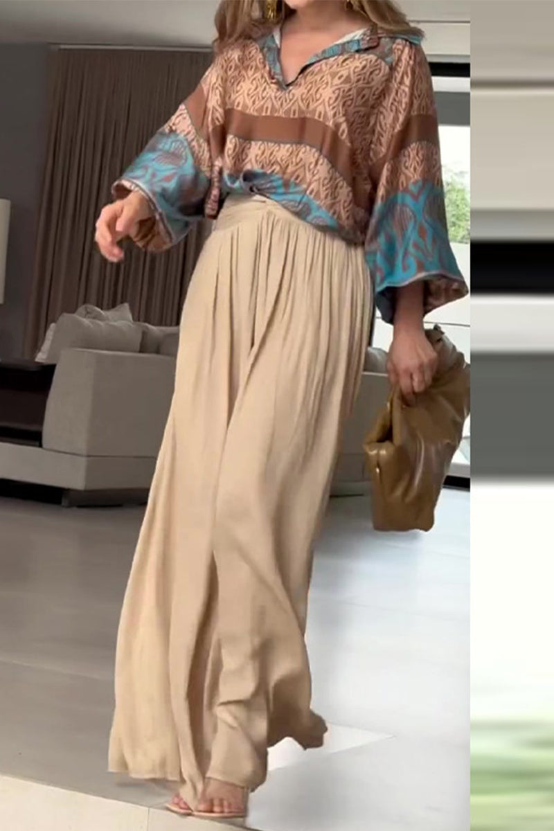 Casual Vintage Geometric Print Fold V Neck Long Sleeve Two Pieces - Fashionpara