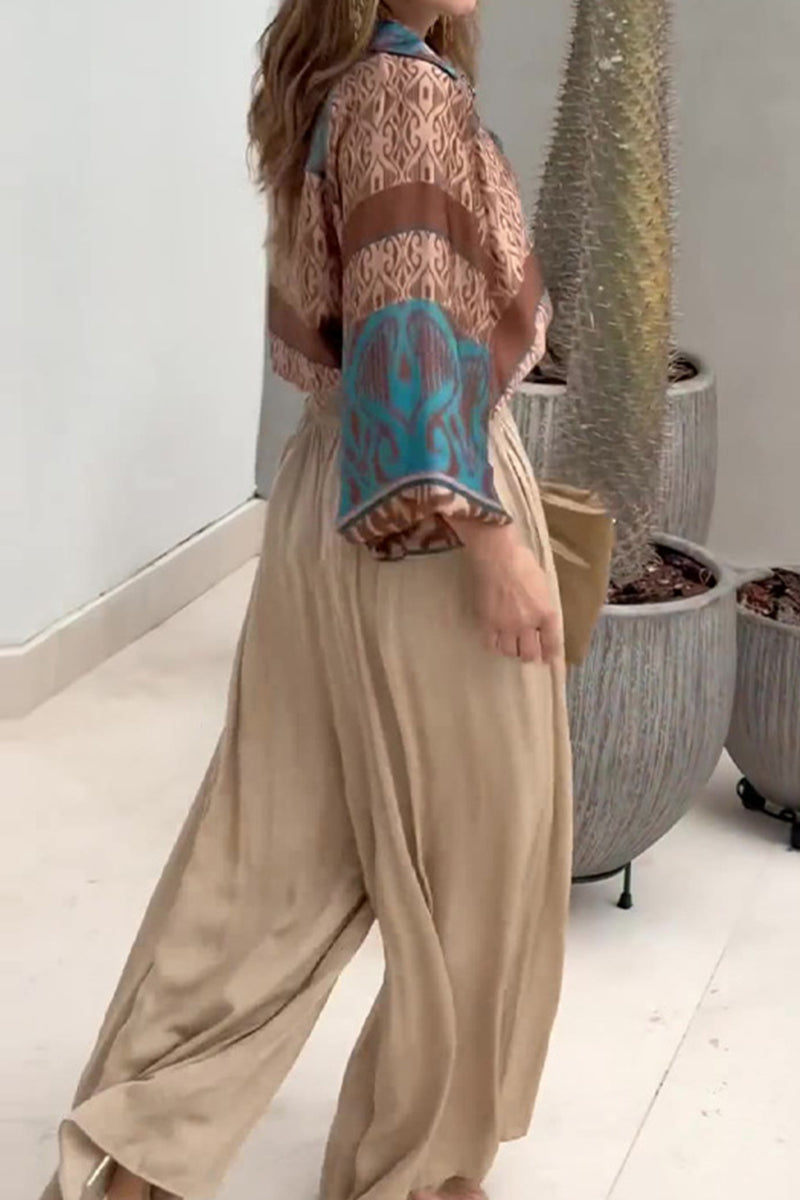 Casual Vintage Geometric Print Fold V Neck Long Sleeve Two Pieces - Fashionpara