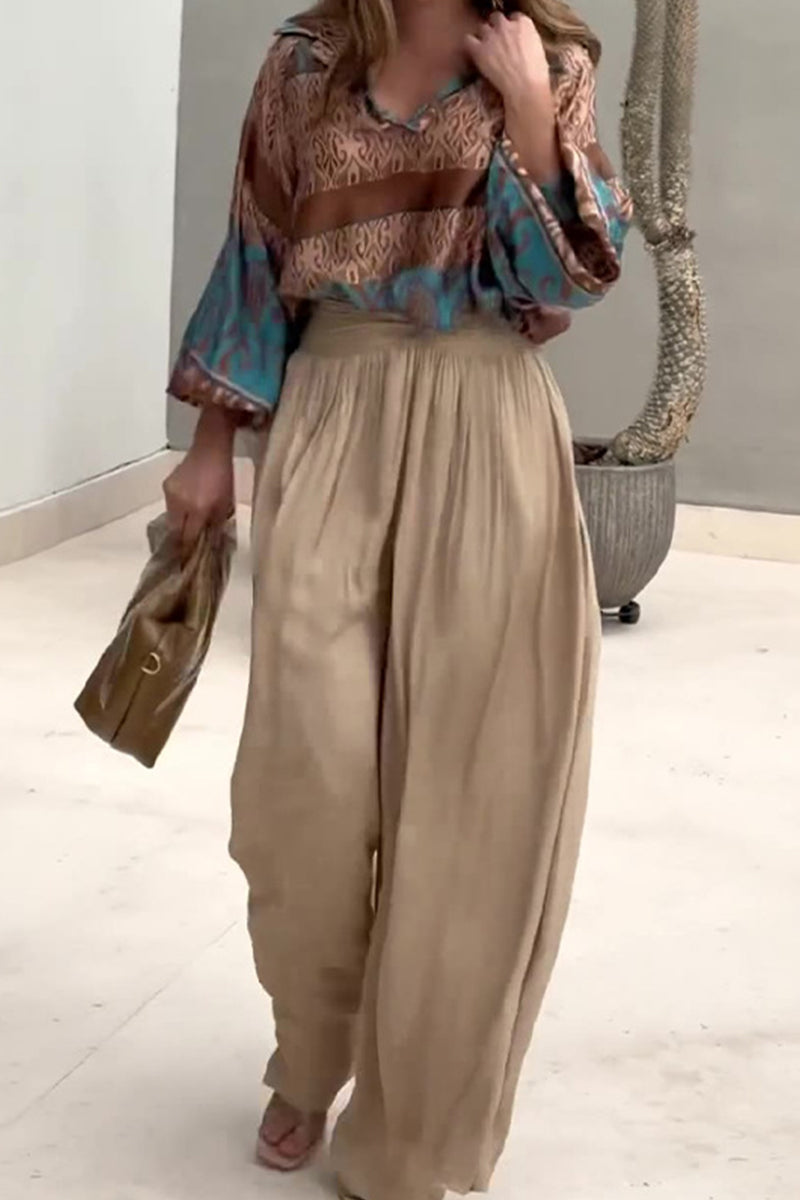 Casual Vintage Geometric Print Fold V Neck Long Sleeve Two Pieces - Fashionpara