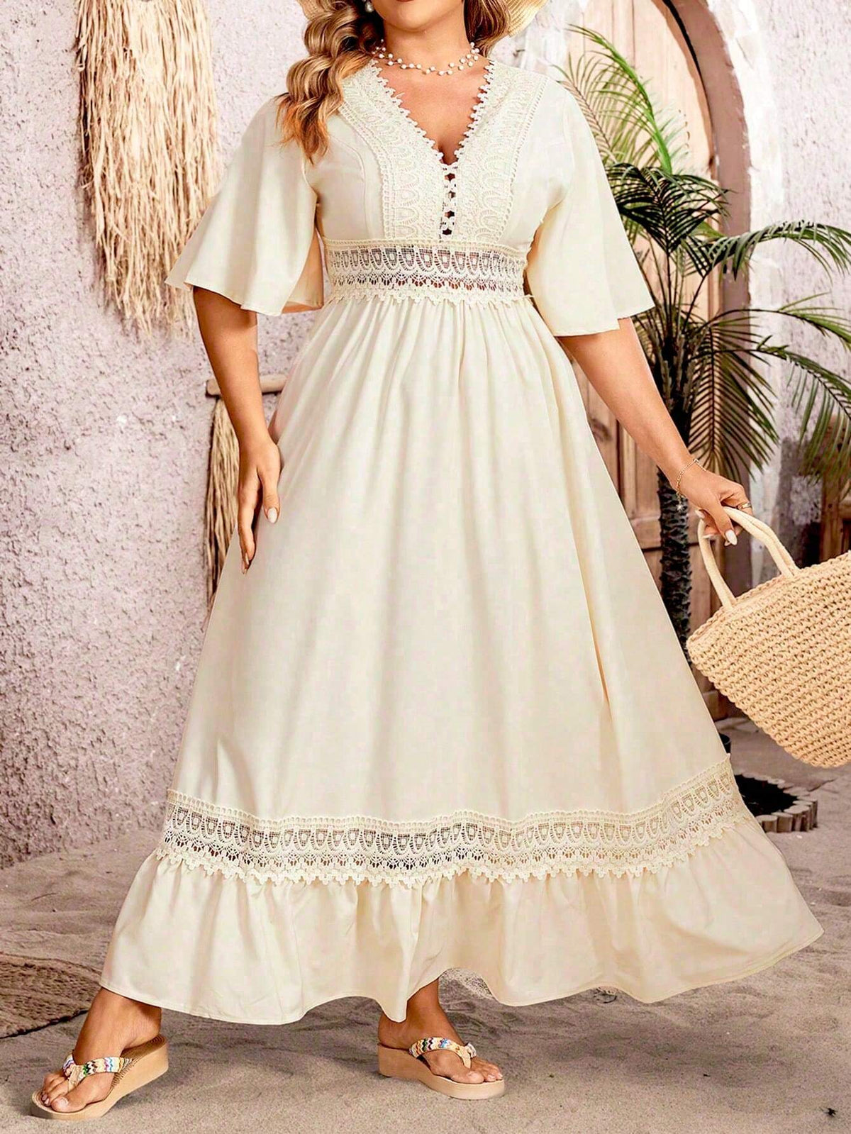V-Neck Flutter Sleeve Crochet Lace Insert Empire Waist Maxi Dress - View 5